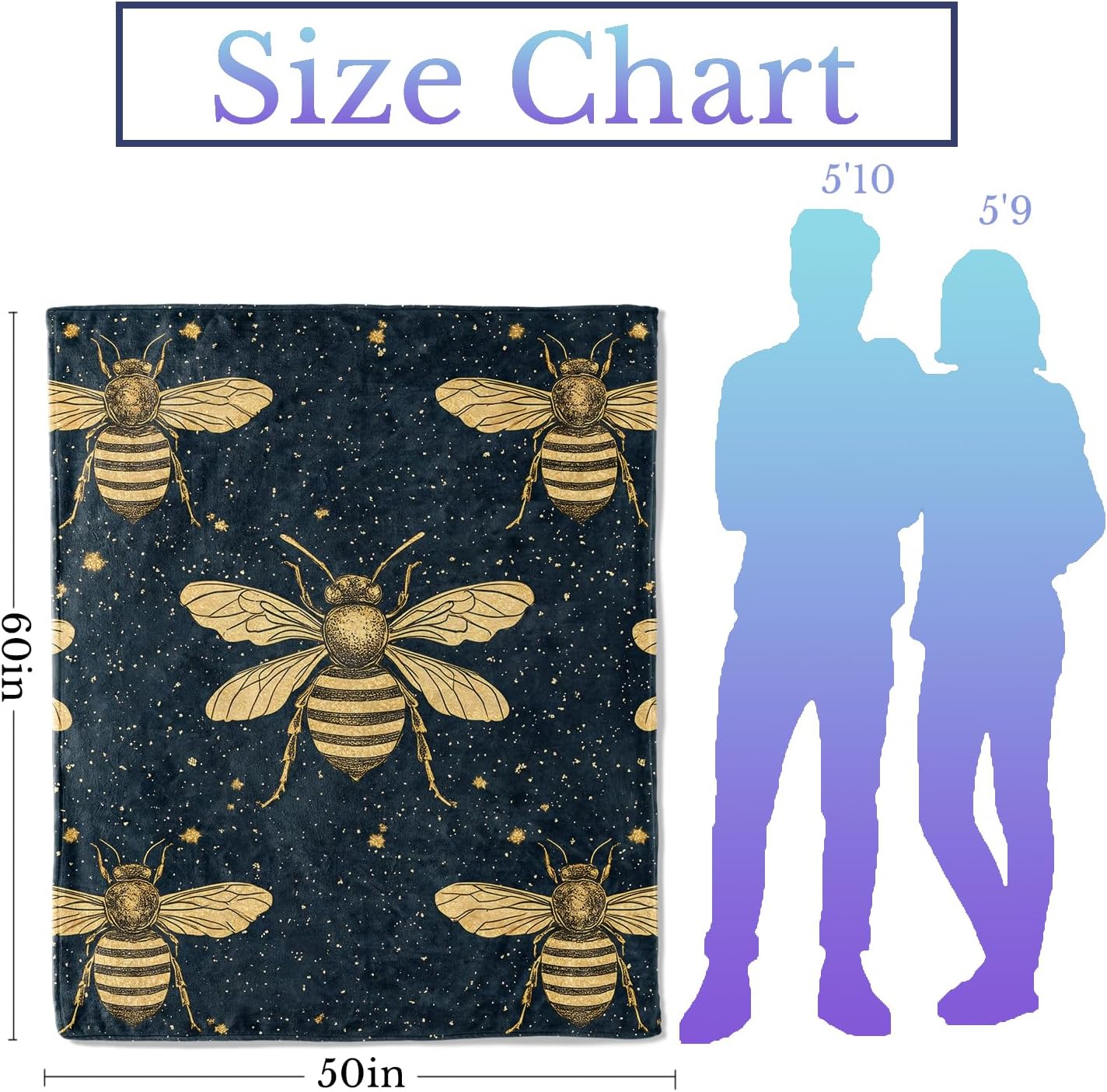 Bee Flannel Throw Blanket 50x60 Inch, Vintage Insect Bumblebee and Starry Sky Pattern on Navy Background Blankets Soft Cozy Fleece Throws for Nature Lover Bed Sofa Dorm Decor Gifts