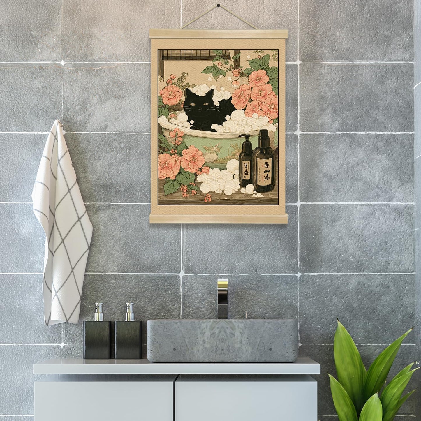 Funny Japanese Style Black Cat Bathing Linen Poster with Wood Hanger, Elegant Animal Wall Art,Vintage Bathroom Wall Hanging Decor for Cat Lovers,Friends Gift 14 x 18.5 Inches (Black-cat)