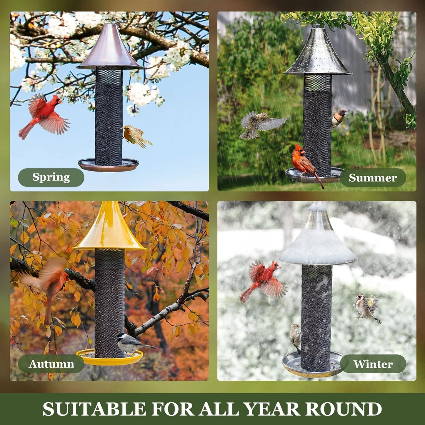 Kingsyard Thistle Bird Feeder for Outdoors Hanging, All Metal, Finch Mesh Tube Feeder with Weatherproof Roof & Seed Tray, 3 lbs Seed Capacity, Great for Attracting Wild Bird, Brushed Copper