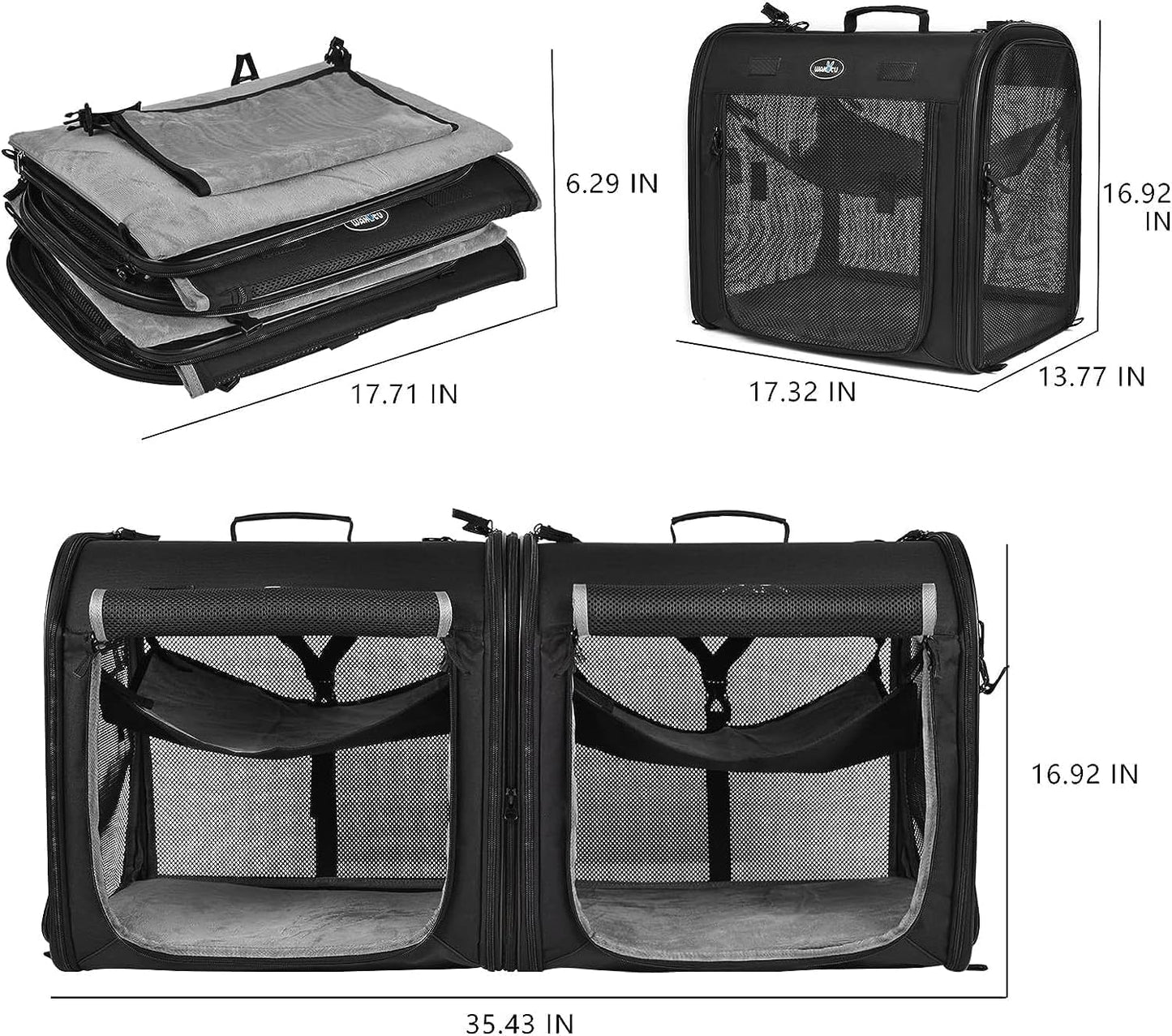 Portable 2-in-1 Pet Carrier for Medium Dogs Large Cat Carrier for 2 Cats Travel Double Dog Crate Set with Portable Carry Bag/Hammocks/Mats/Tent Stakes/2 Pcs Pet Bowls for Outdoor Camping