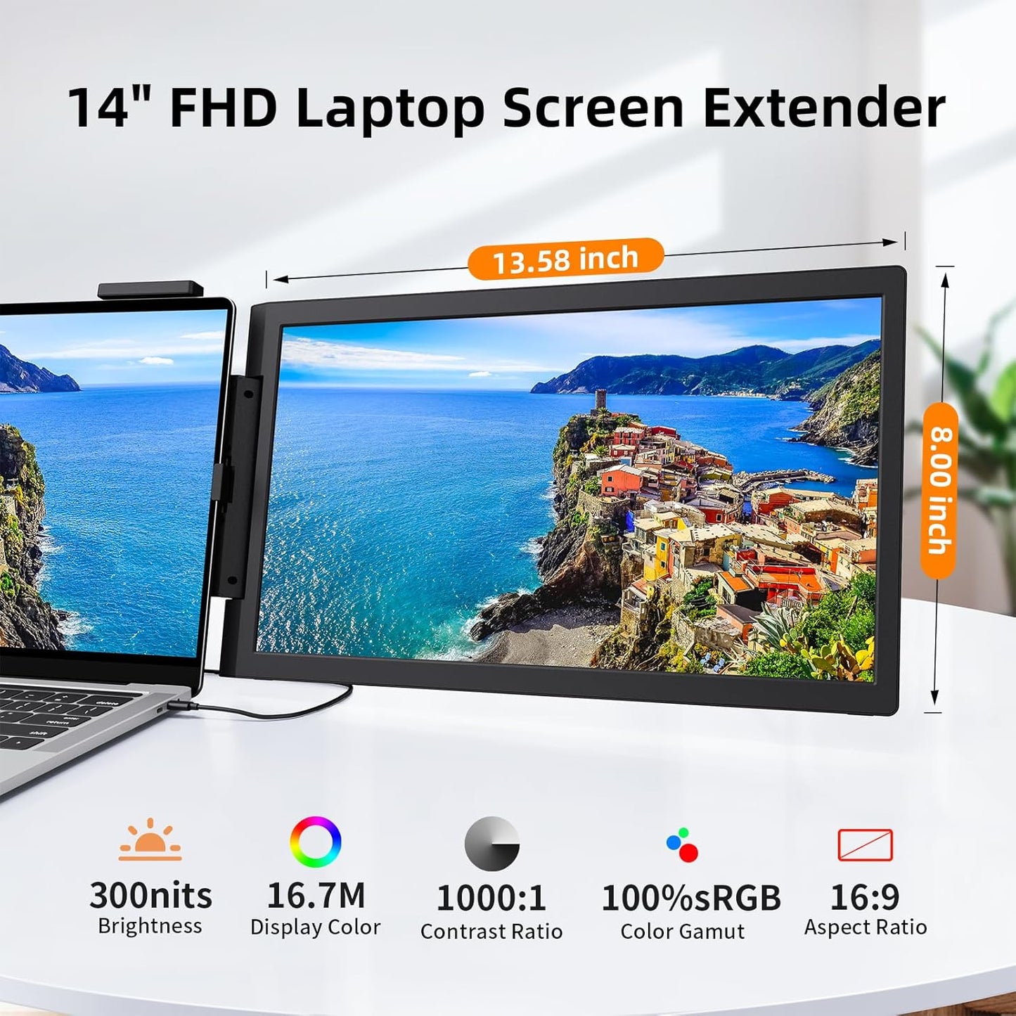 Laptop Screen Extender, 14" 1080P Portable Monitor, Type-C HDMI Plug and Play for 13.3" - 16.1" Laptops, 270° Rotation Attachment Display for Windows/MacOS/Chrome Laptop Phone