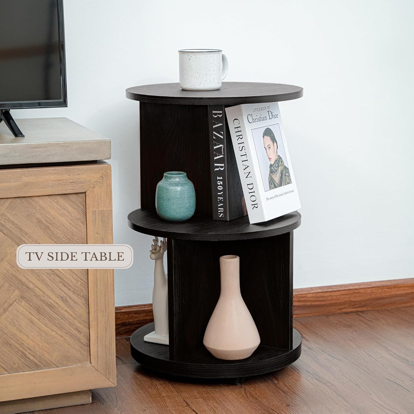 KAYMILY Round End Tables, Mid Century Modern 3 Tier Side Table for Living Room, Bedroom, Office, 25" Tall Accent Nightstand with Open Storage Shelves, Easy Assembly, MDF Wood - Stationary - Black