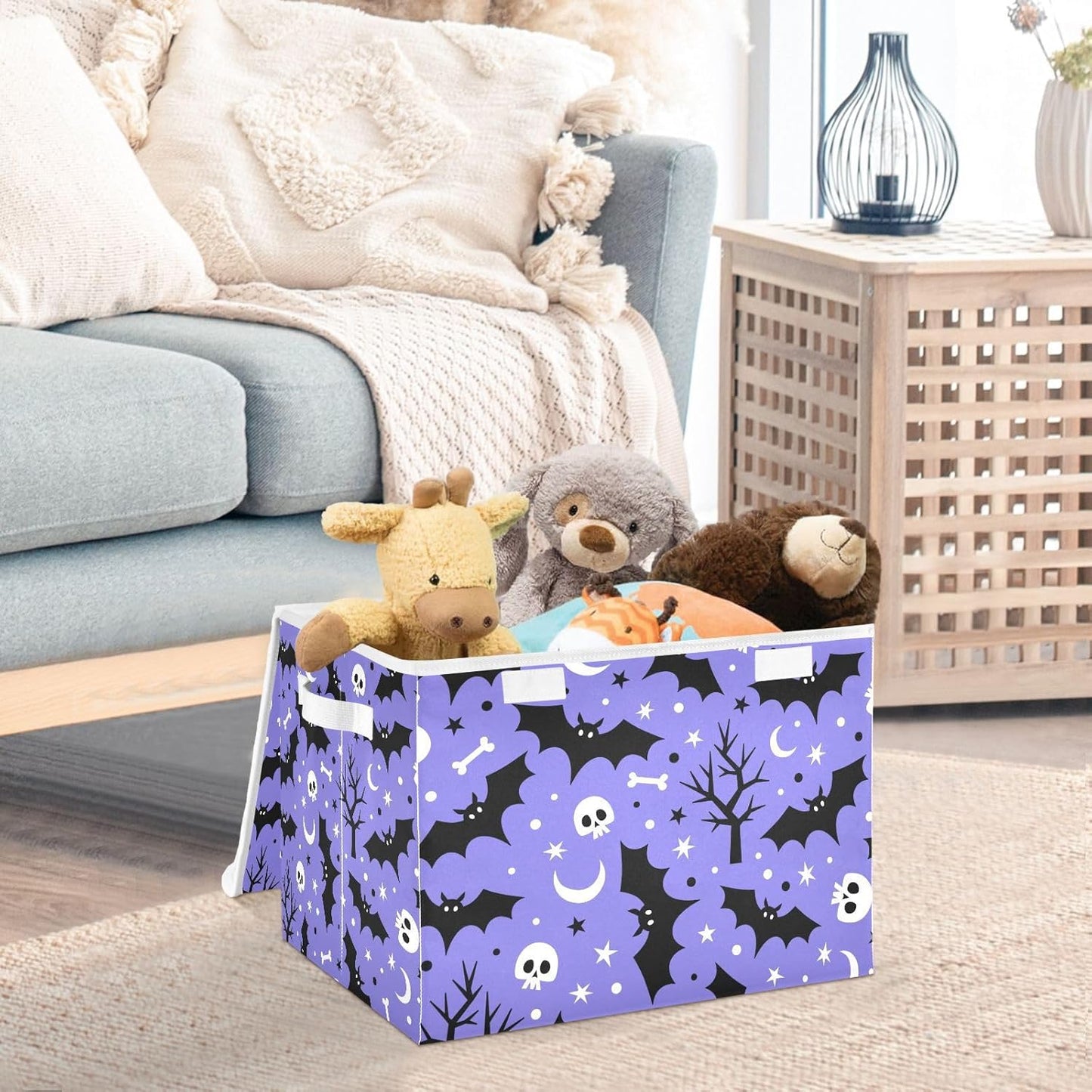 Halloween Bat Skull Moon Star Storage Bin with Lid Foldable Storage Box Washable Fabric Storage Cubes Bin Organizer Basket Closet for Home Bedroom Closet Nursery Office