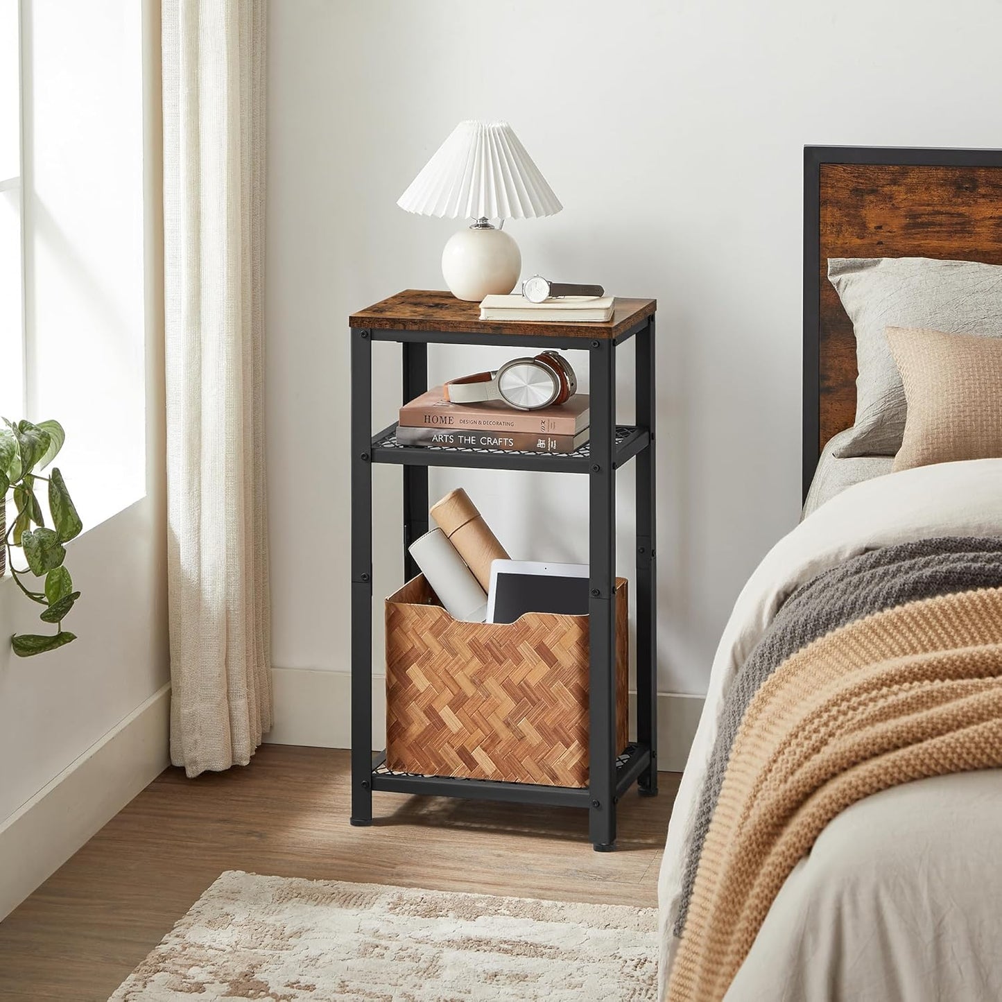 VASAGLE 3-Tier Tall Side Table, Small Telephone End Table Stand with 2 Mesh Storage Shelves for Office, Bedroom, Living Room, Kitchen Cart, Rustic Brown and Black