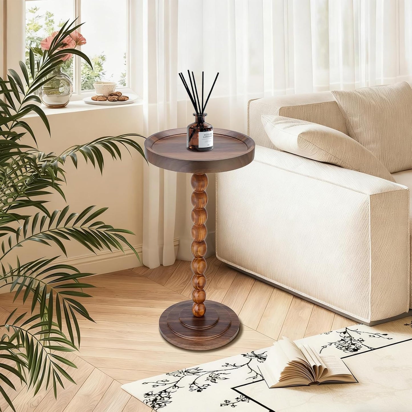 Small Round Side Table, Drink Tables for Small Spaces, Pedestal Side Table with Solid Wood Leg, Modern Accent End Table for Living Room, Mini Coffee Table, Balcony, Easy Assembly (Walnut)