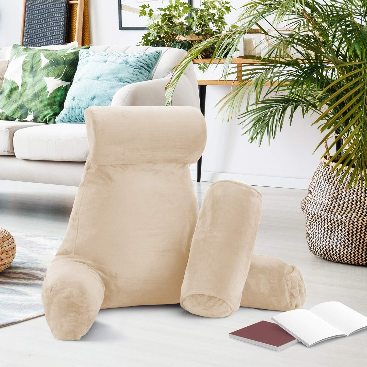 Clara Clark Reading Pillow, Back Rest Pillow for Sitting in Bed with Arms for Kids & Adults - Premium Shredded Memory Foam TV Sit Up Pillow - Large, Cream