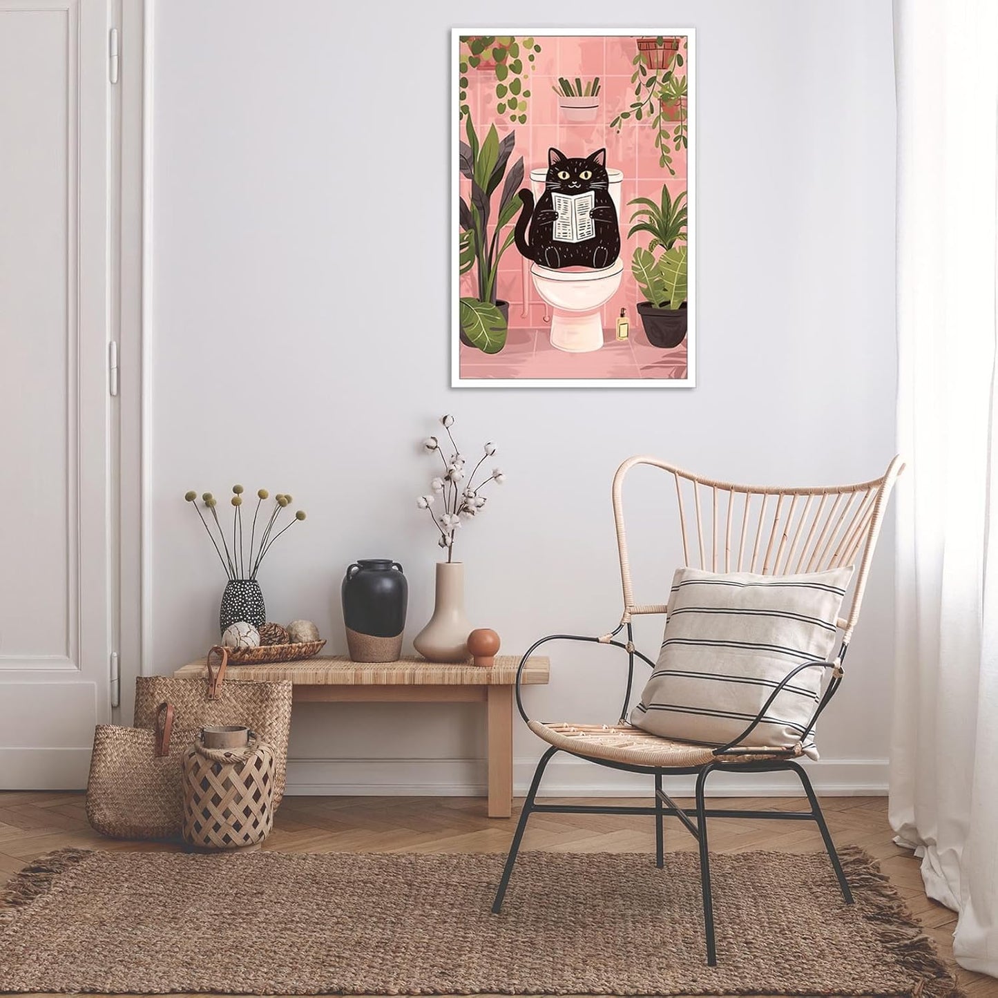 DVBOCS Funny Bathroom Black Cat Posters Cute Pets Cat Reading Newspaper On The Toilet Wall Art Print Vintage Cute Humorous Animal Plants Poster For Bathroom Toilet Decor 12x16in Unframed