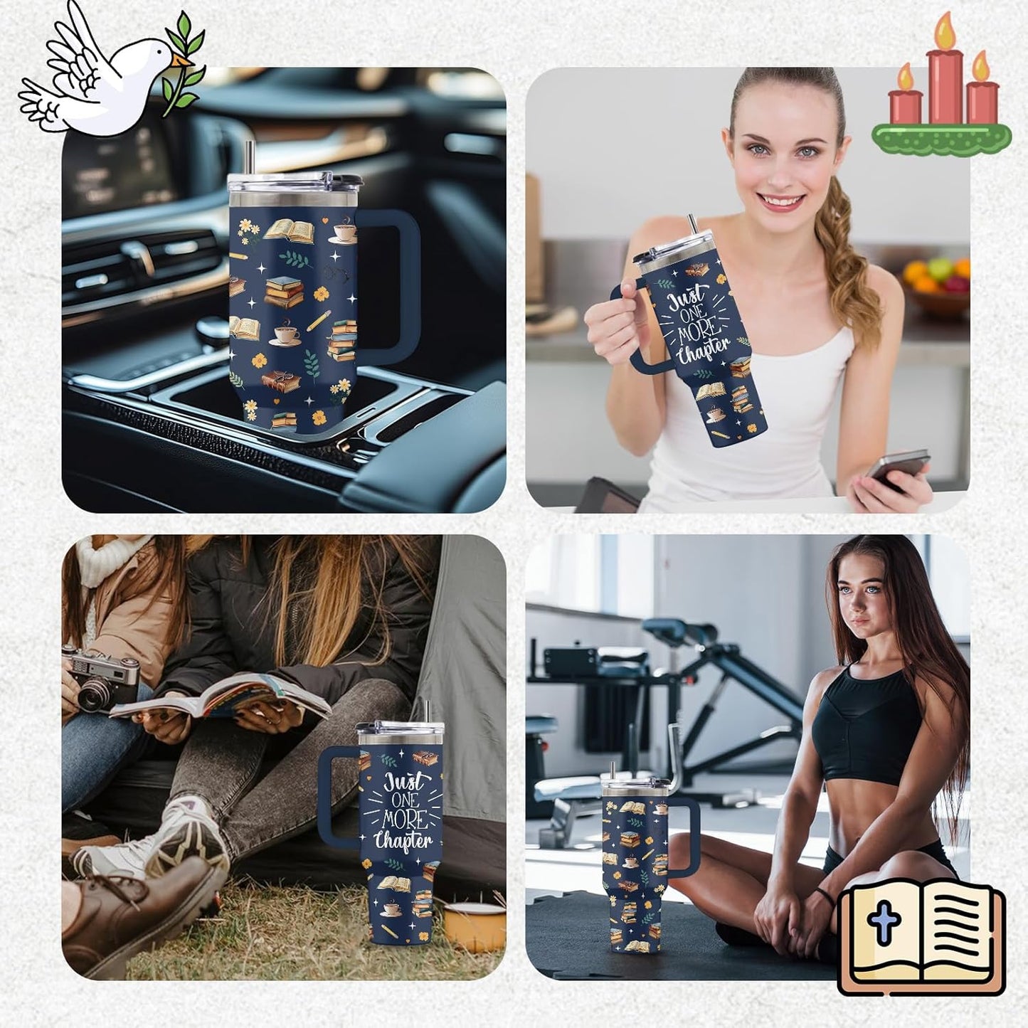 Book Themed Stainless Steel Tumbler Gifts for Booklover, 30oz Water Bottle with Handle and Straw, Christmas Birthday Gifts for Family, Wife, Friends