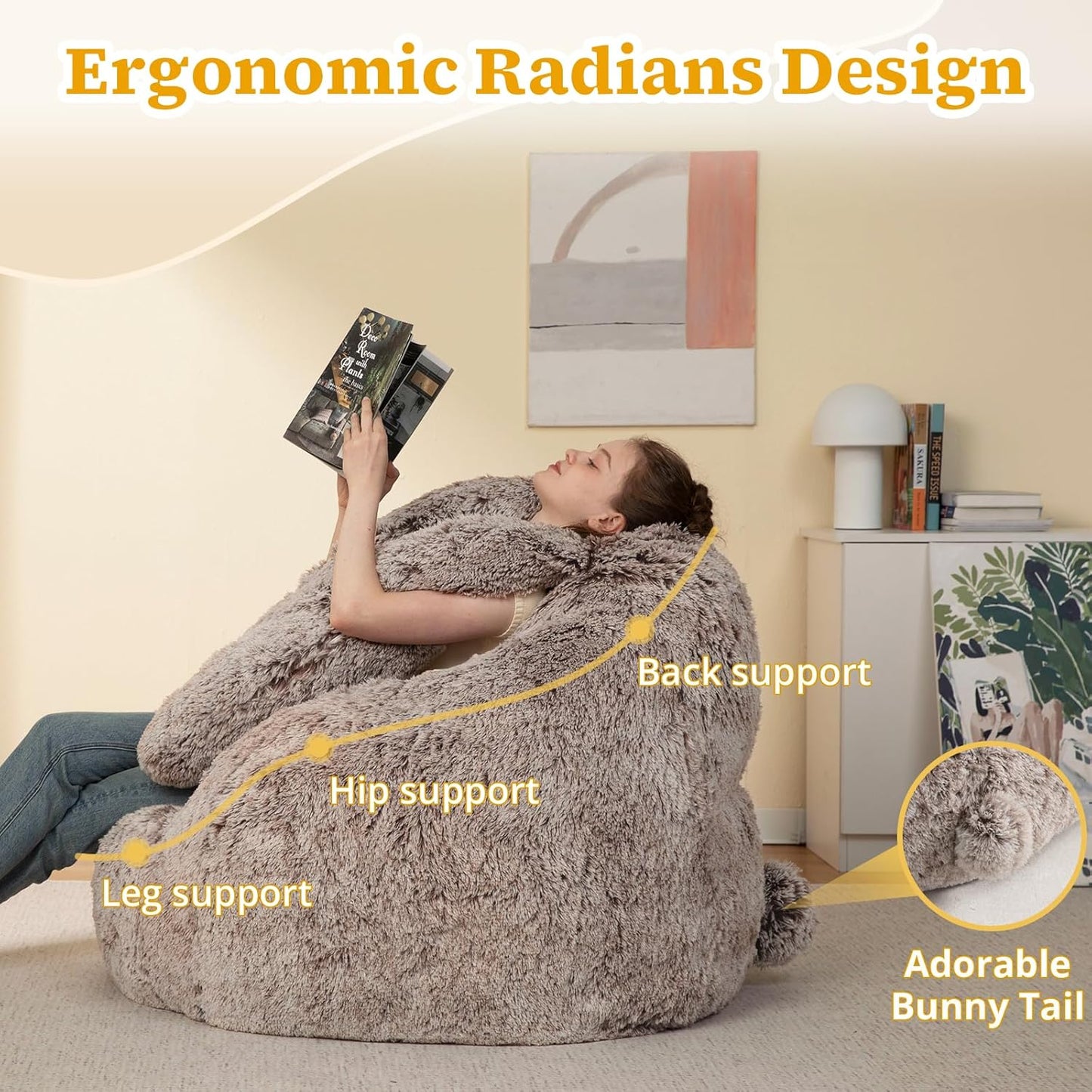 Bean Bag Chair for Adults Kids Giant Fluffy Plush Bean Bag Sofa with Filler Faux Fur Rabbit Shaped Beanbag Chairs Comfy Accent Floor Couch for Gaming, Reading in Bedroom, Living Room, Dorm