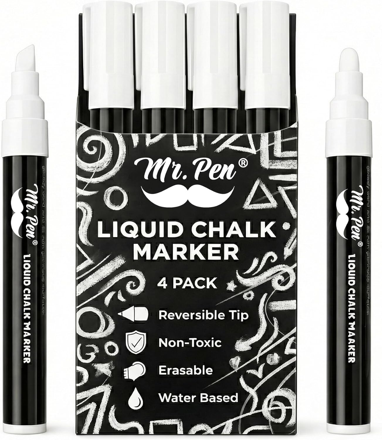 Mr. Pen- White Chalk Markers for Blackboard, 4 Pack, Reversible Tip, White Liquid Chalk Marker, Non-Toxic Liquid Chalkboard for Windows and Glass, Erasable Markers