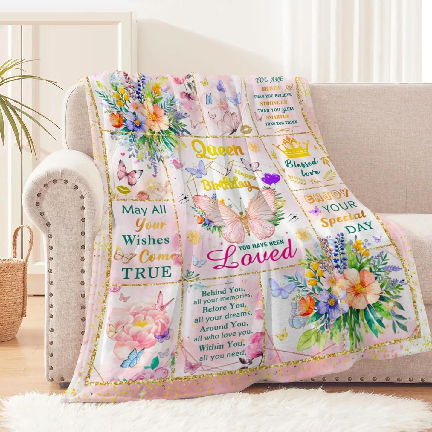 Happy Birthday Gifts for Women, Super Soft Funny Pink Butterfly Flower Bday Decorations Blanket 50"x40" for Kids Adults, Birthday Gifts for Girls, Warm Plush Fleece Flannel Blanket for Couch Bedding