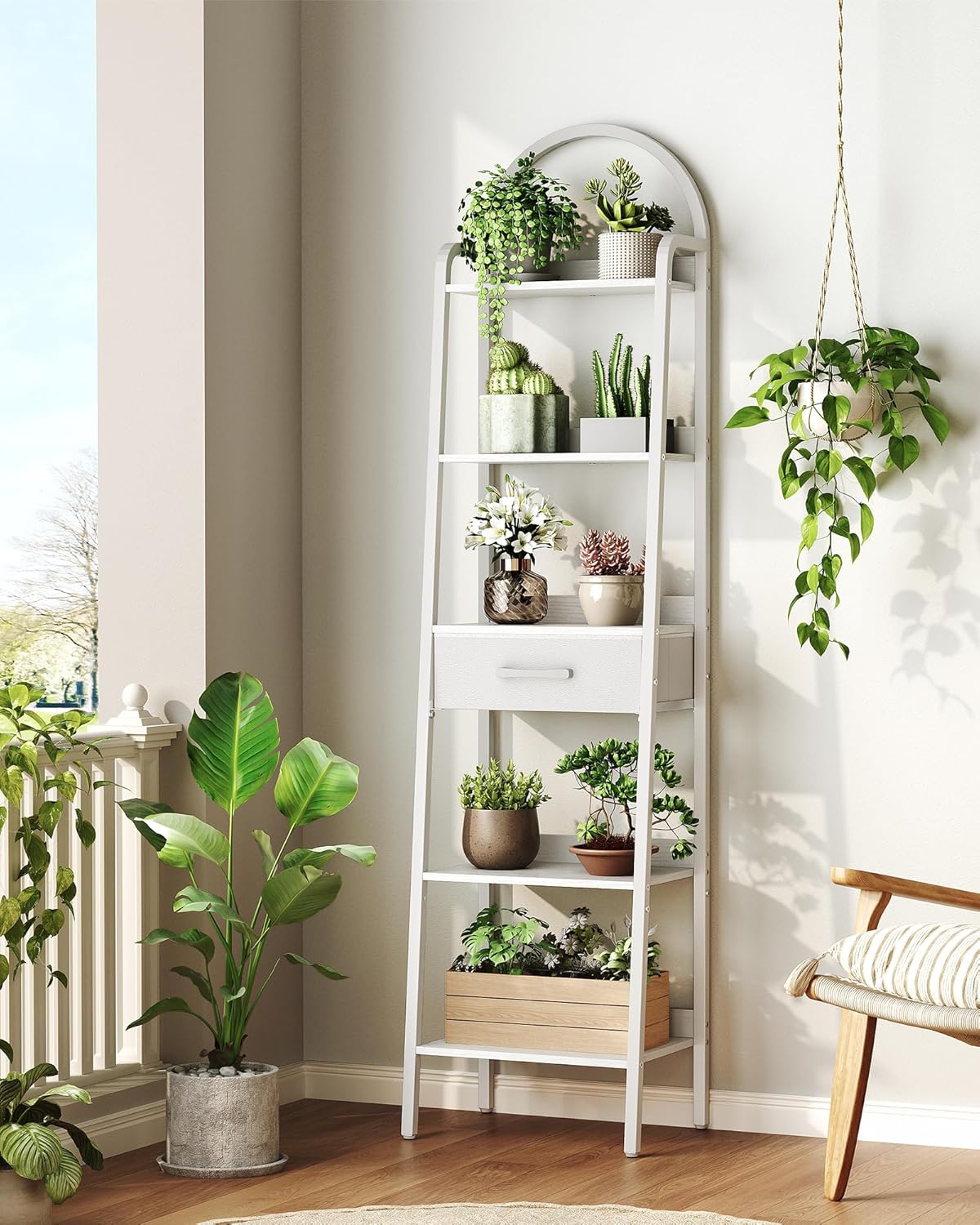 5 Tier Ladder Shelf with Drawer, Tall Ladder Bookshelf, Standing Bookcase with Metal Frame for Living Room, Bathroom, Home Office, Study, Balcony, White TCJ07WB