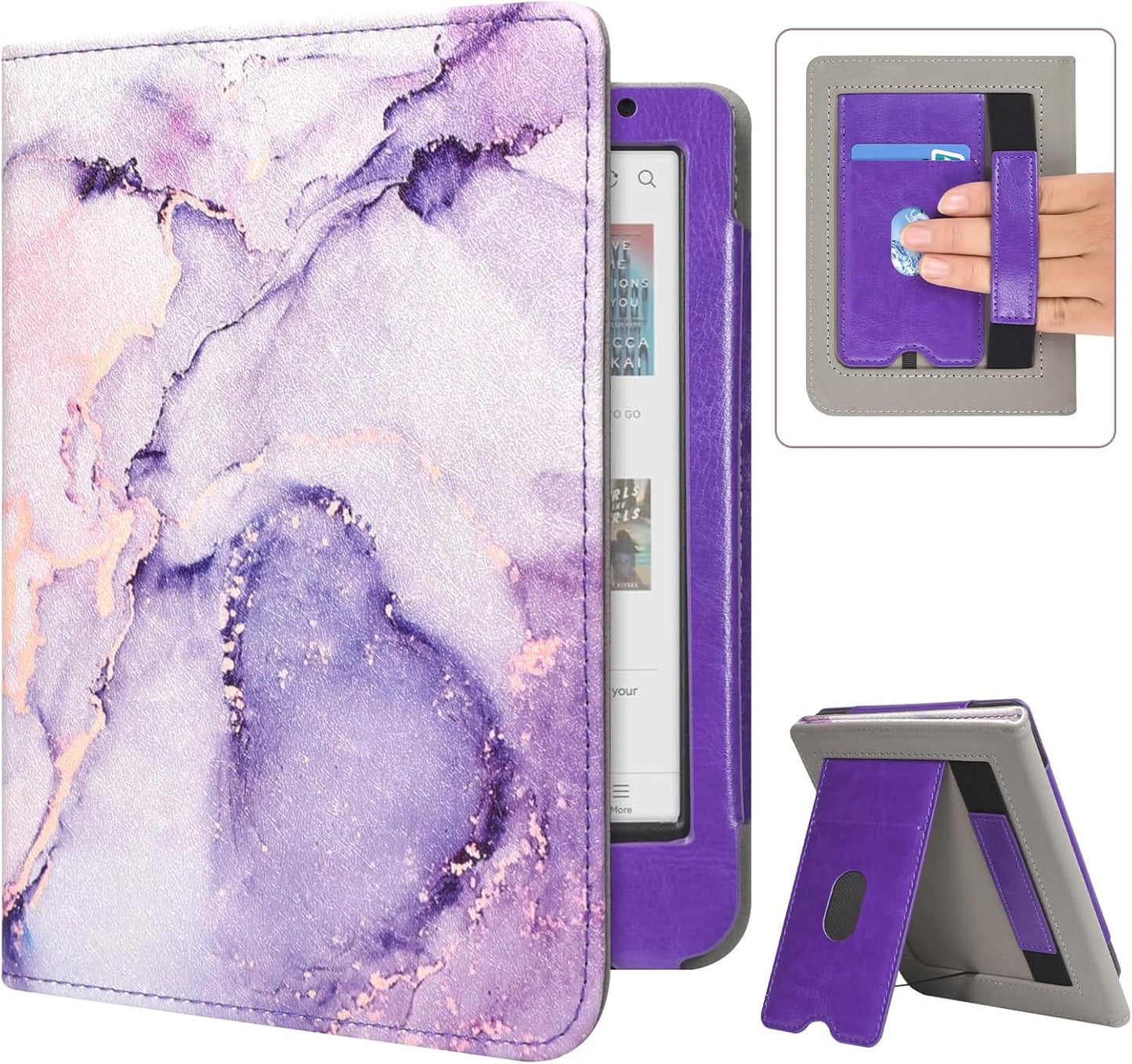 Caweet Case for Kobo Clara Colour/BW 6 Inch 2024 Release, Premium PU Leather Foldable Stand Protective Sleeve Cover with Card Slot and Hand Strap, Lilac Marble