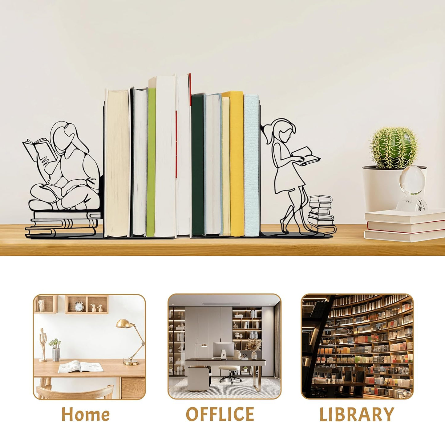 Ecqizer Bookends Decorative Book Ends Decorative Reading Decor Reading Book end Bookshelf Decor for Bedroom Library Office School Book Display Desktop Organizer Gift for Book Lovers, Black