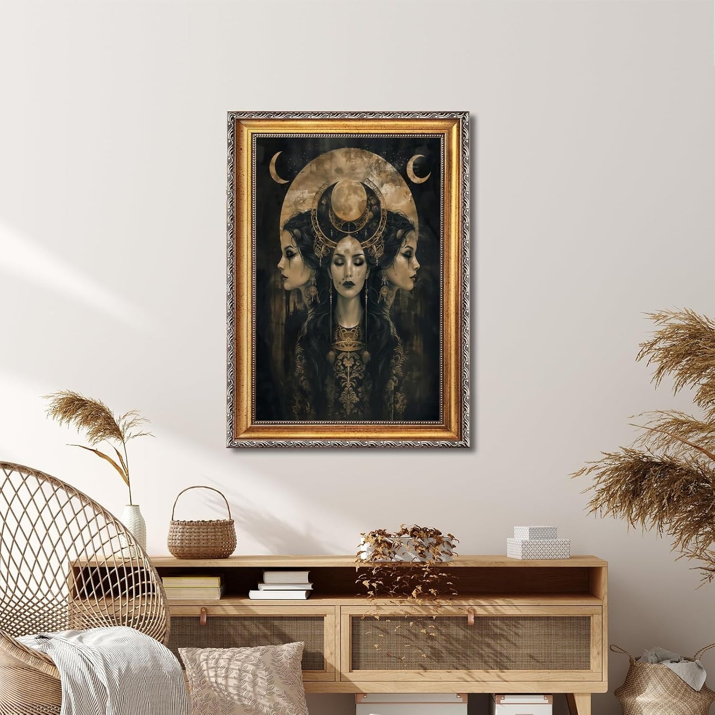 Dark Academia Wall Art Vintage Witch Moon Goddess Hecate Horror Canvas Print Gothic Victorian Mystical Artwork Celestial Pagan Decor Poster for Bedroom Living Room 12x16inch Retro Gold Frame