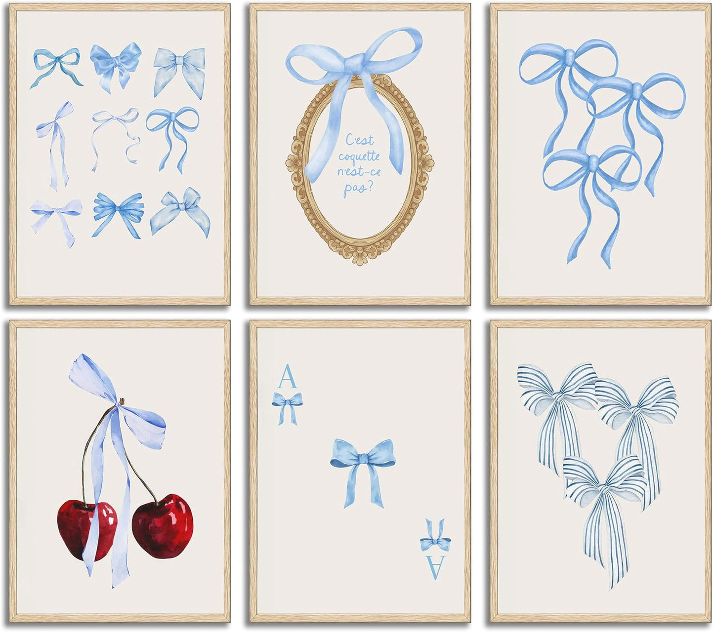 6pcs Blue Bow Canvas Wall Art Preppy Coquettish Aesthetic Room Wall Decor Tredy Red Cherry Poster Prints for Girls Room College Apartment Bedroom Living Room Unframed