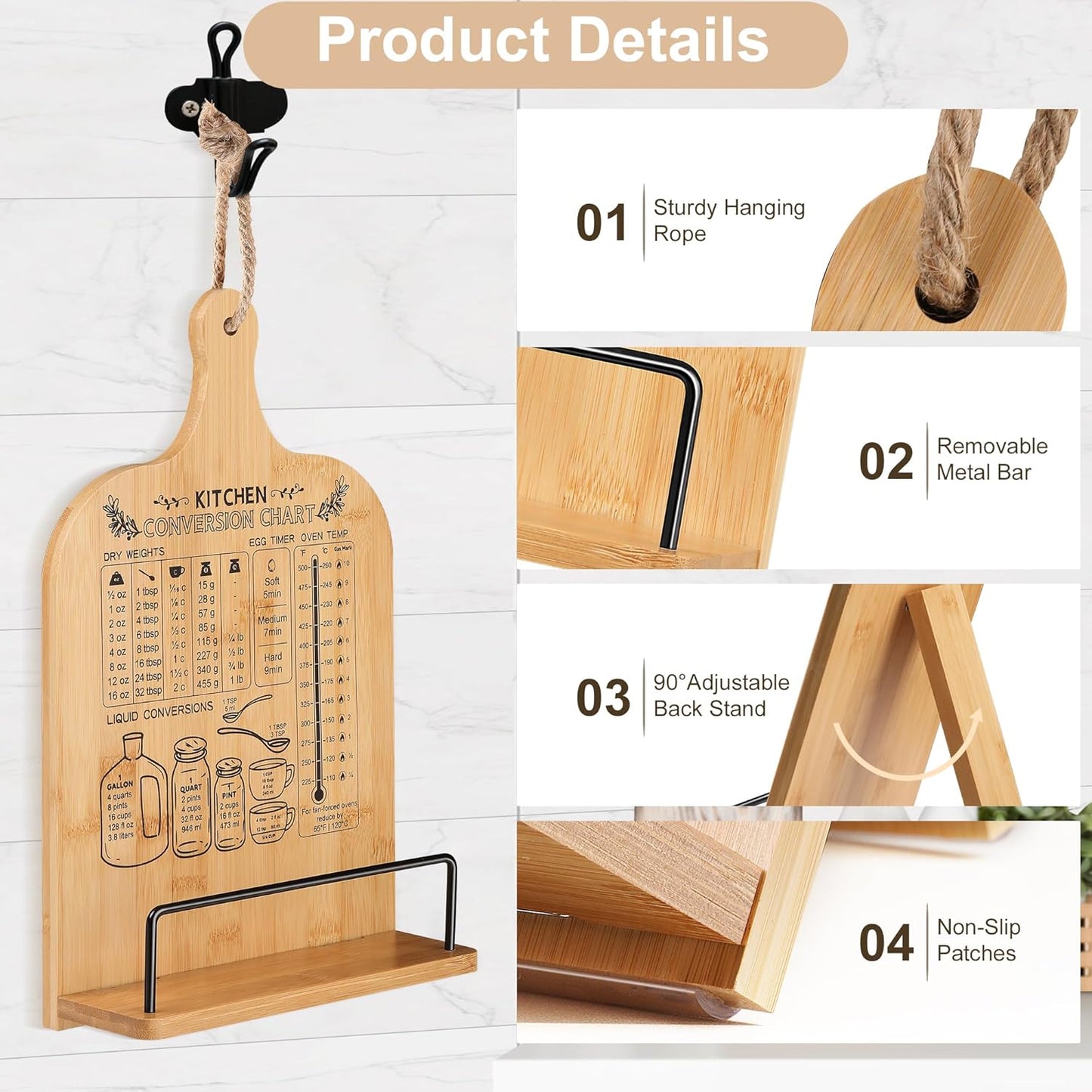 Cookbook Stand for Kitchen Counter Bamboo Recipe Book Holder with Conversion Chart Adjustable Non Slip Cookbook Holder Kitchen Gifts for Women Gifts for Housewarming Christmas Retirement Wedding