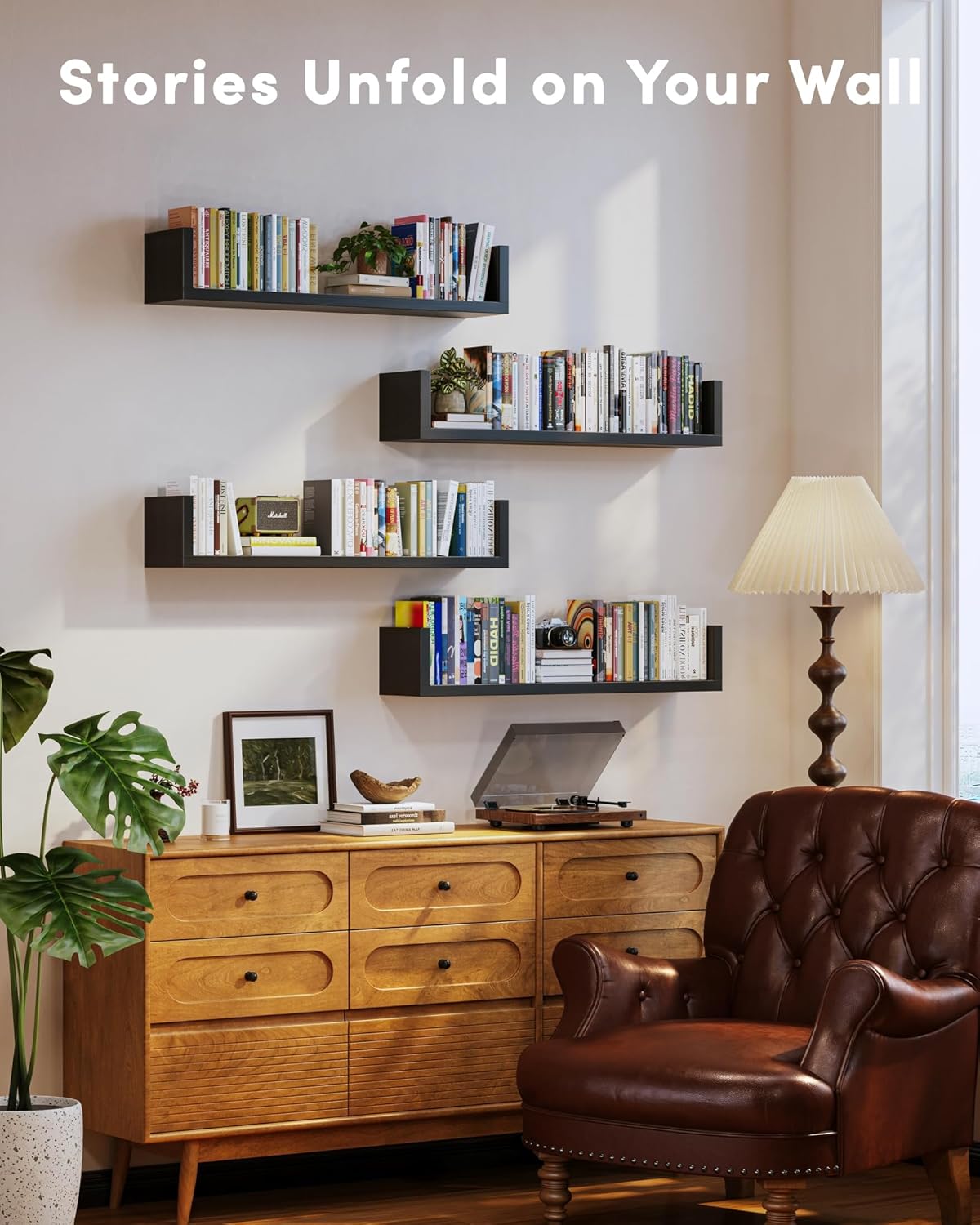 Wall Bookshelf, Set of 4, U Shaped Floating Bookshelf, Hanging Bookshelves for Wall, Wall Mounted Shelves for Living Room Bedroom Office (Black, 17 Inches, 4)