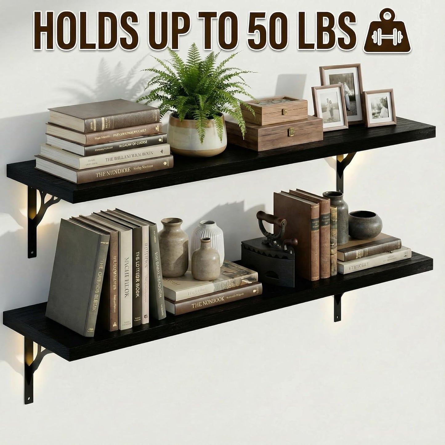 48Inch Solid Pine Wood Floating Shelves Set of 2, Black Wood Wall-Mounted Storage Shelves with Heavy-Duty Metal Brackets | Decorative Hanging Book Shelf for Living Room,Bedroom,Bathroom,Kitchen