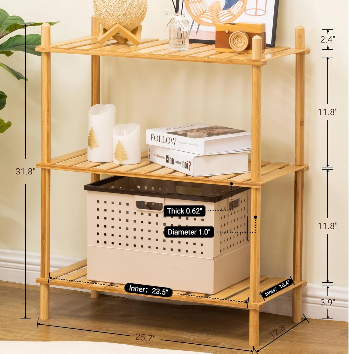 3-Tier Expandable Bamboo Bookshelves and Bookcases,Heavy-Duty, Tool-Free, 31.8"Tall Shallow Book Shelf Organizer Rack, Freestanding Storage Shelving Unit for Living Room, Kitchen, Bathroom, Office