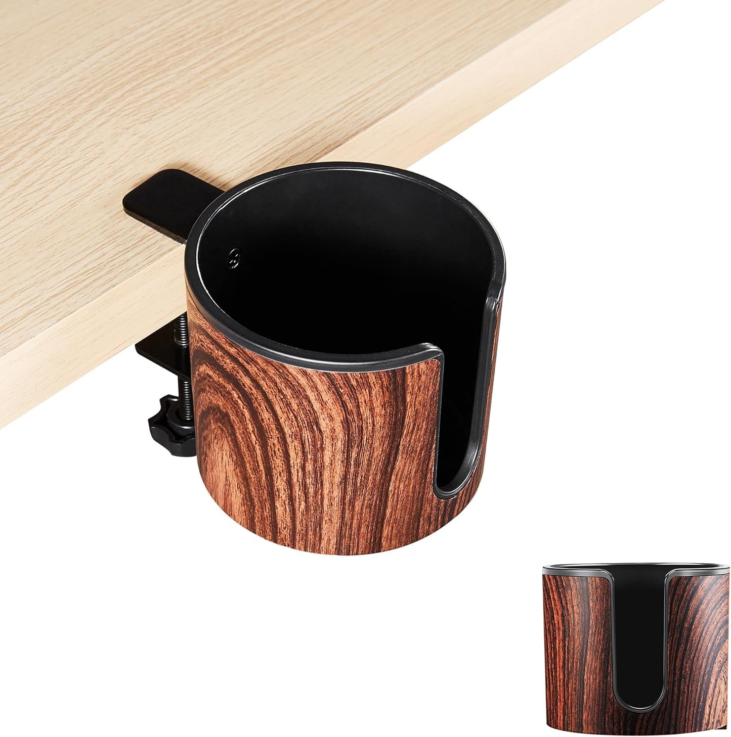 Luxury 2pcs Desk Cup Holder, Tool-Free Clamp On Desk Cup Holder, Fits 40oz Tumbler Holder & 0.2-2in Thick Desks, Anti-Spill for Office, Home, Gaming (2PCS Walnut Design)