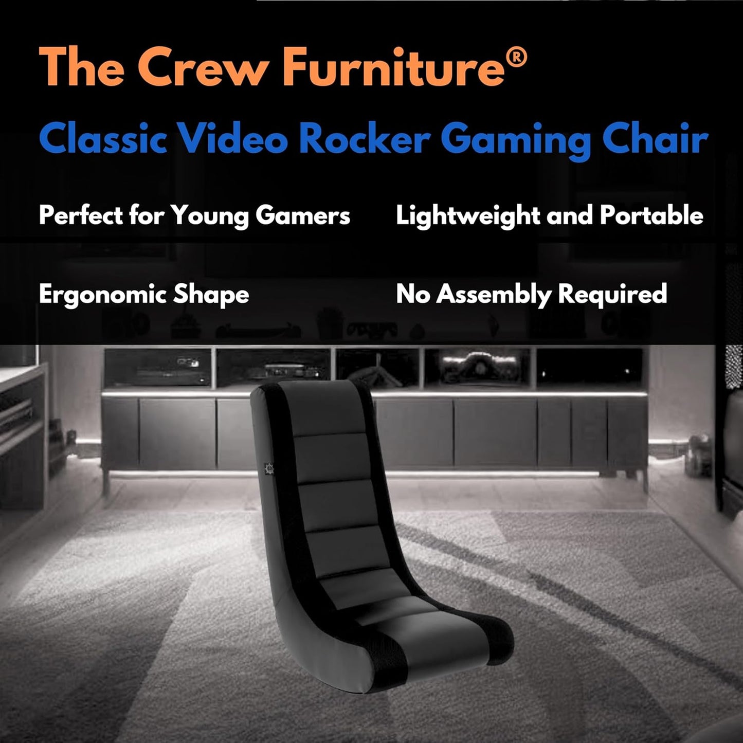 The Crew Furniture Classic Video Rocker Gaming Chair, for Kids and Teens, PU Faux Leather & Polyester Mesh, Black/Black