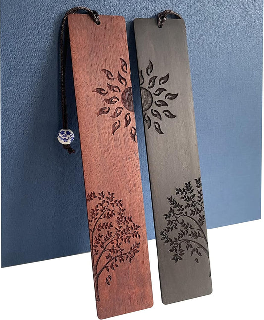 2 Pcs Wood Bookmark, Unique Bookmarks Gift for Men Women, Book Marks Accessories (Sun and Tree)