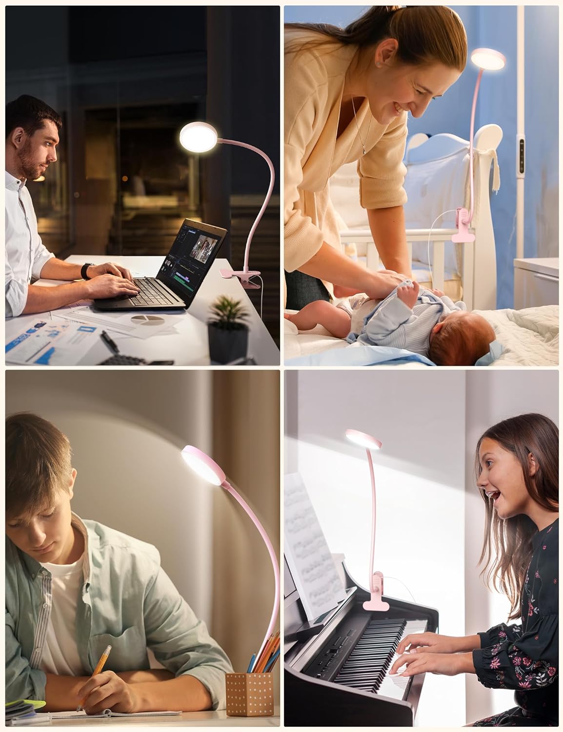 Desk Lamp Clip on Light 8W 66 LED Reading Light for Bed, 5 Colors 10 Dimming Levels, Eye Caring Metal Reading Lamp, Clip lamp for Bed Headboard Home Office (Pink)