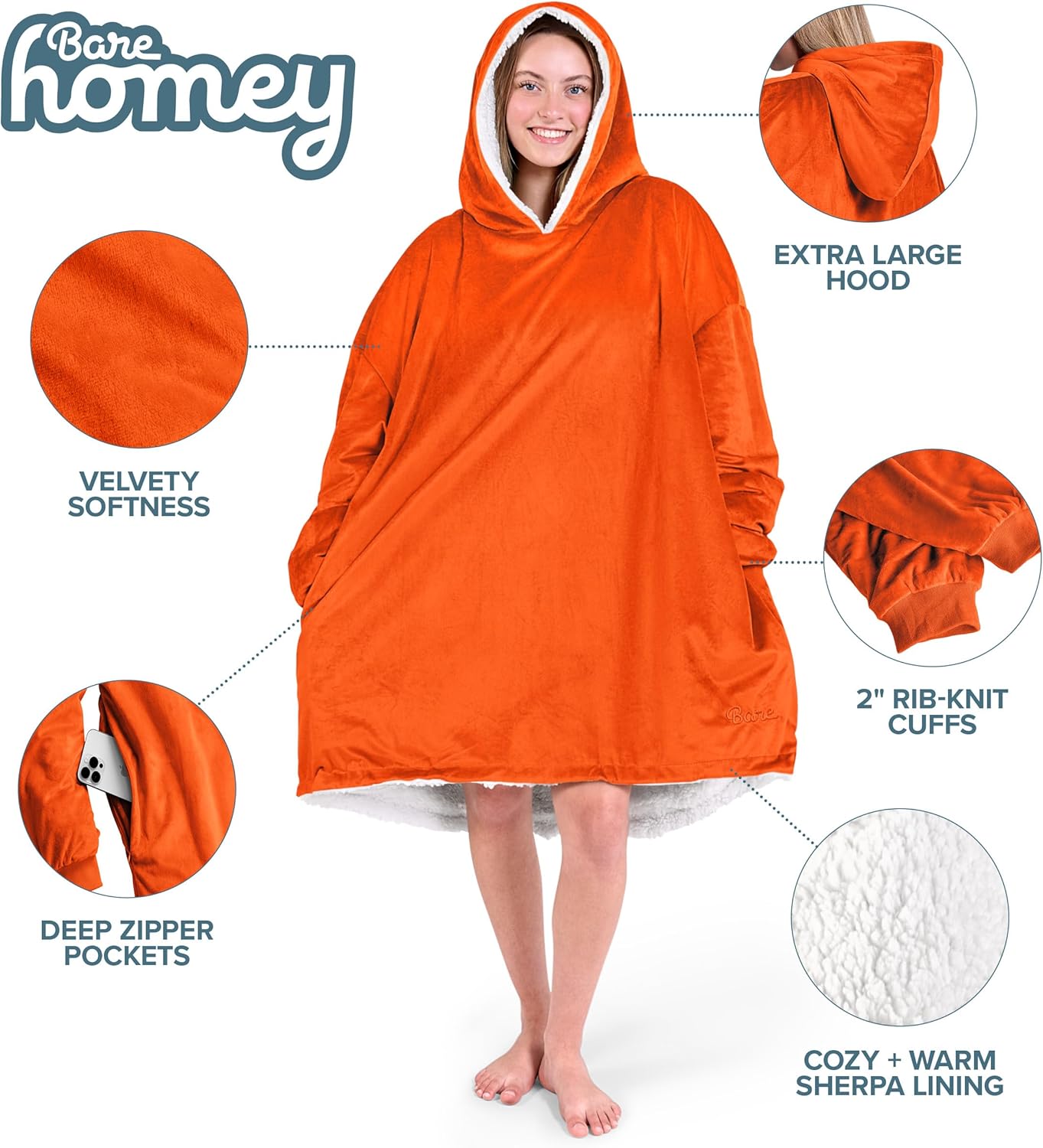 Bare Home Wearable Blanket Hoodie - Soft Plush Sherpa - Warm and Cozy - Oversized Wearable Blanket - Adult & Kid Sizes