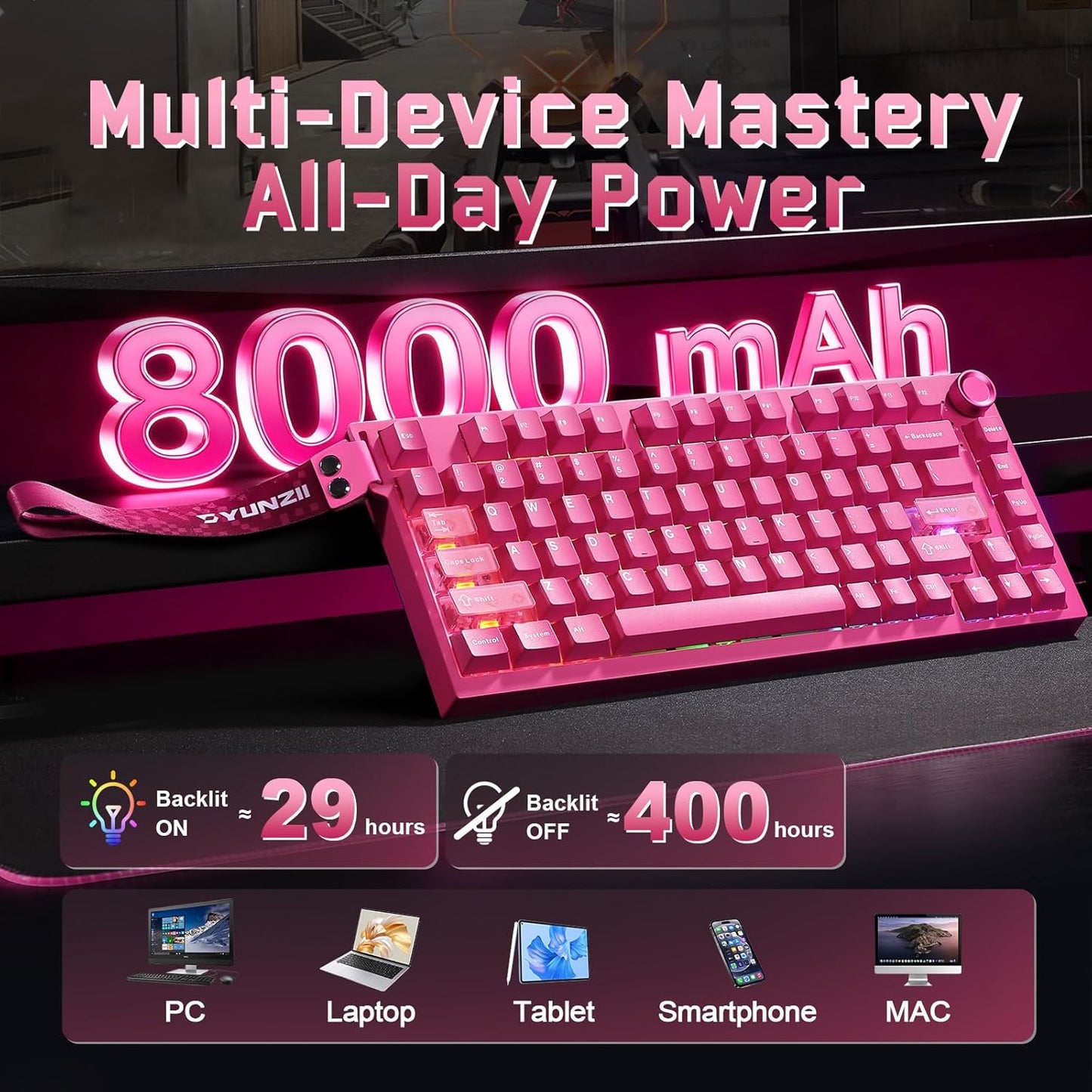 YUNZII RT75 PRO Wireless Gaming Keyboard,Hall Effect Mechanical Rapid Trigger Magnetic Keyboard Bluetooth/USB-C/2.4G Dual 8KHz Polling Rate &128K Scan,RGB Backlit,TGL/SOCD/DKS/MT (Pink,Red Switch)
