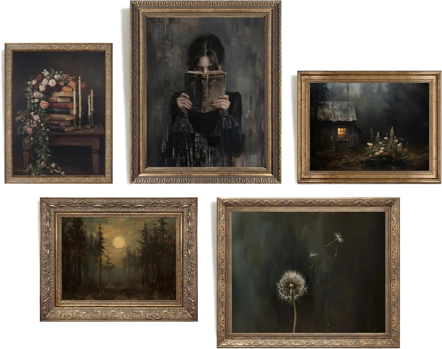 5pcs Dark Academia Canvas Wall Art Victorian Woman Reading Canva Posters Antique dandelion Oil Pictures Vintage Flower Book Prints Moody Books Still Life Painting Gothic Rustic Home Wall Decor (16L''x12W''poster)