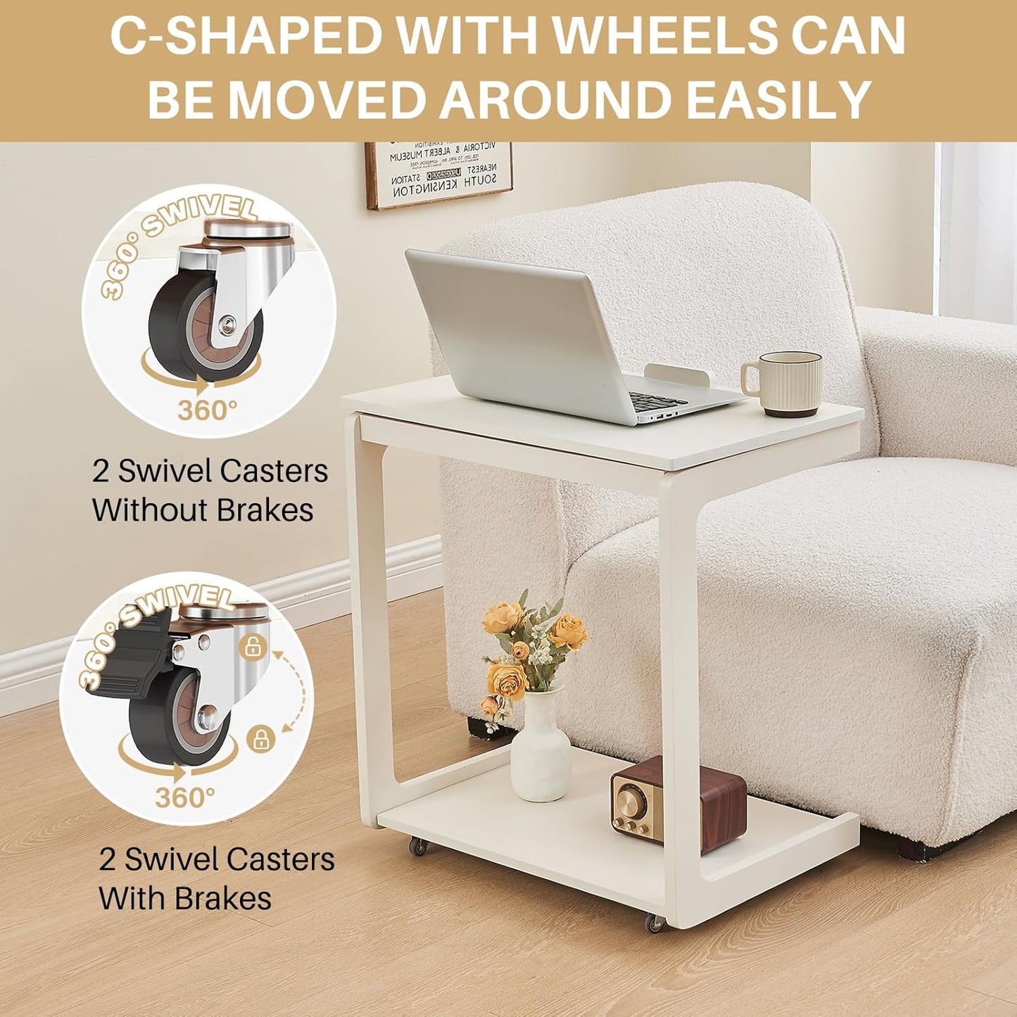 C-Shaped End Table with Wheels - Rolling Side Table for Couch, Solid Wood Modern Adjustable Angles Tv Tray Sofa Tables for Living Room, Bedroom, Home Office, White, 15.4"D x 23.6"W x 24.8"H