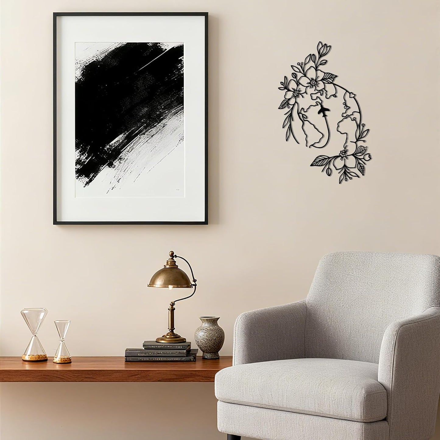 YATEASLU Metal Travel Wall Decor, Travel Themed Decor with World Map Design, Bedroom & Living Room Wall Art Gift for Travelers (Flower & Plane)