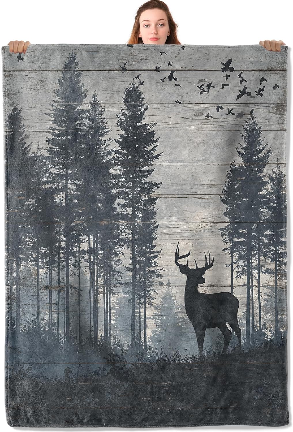 Rustic Deer Flannel Blanket Pine Forest and Bird Design Warm Lightweight Throw Blankets for Picnic Travel Gathering and Farmhouse Cabin Decorate All Season Use Adults Kids Gifts 50x60in