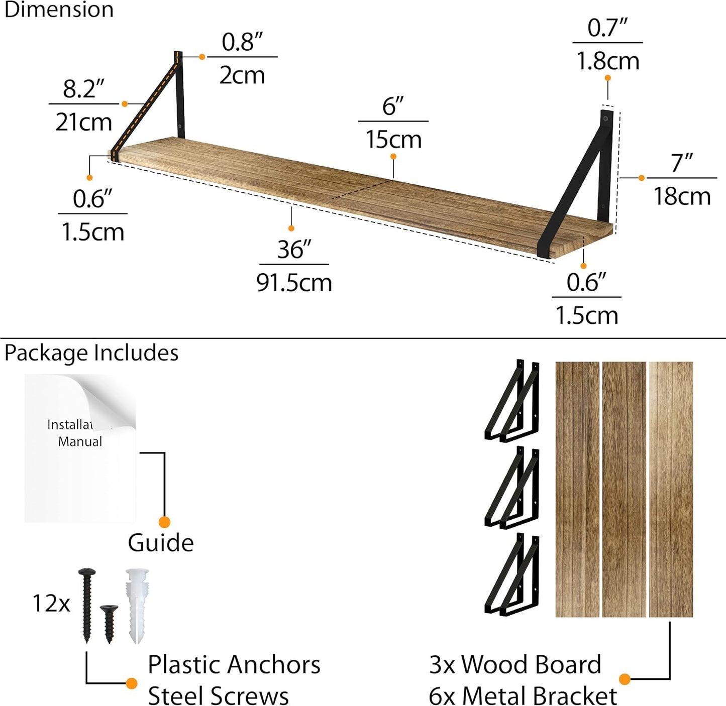 Wallniture Bora 36 Inch Large Floating Shelves for Wall Storage, Floating Bookshelf Set of 3, Burned Wood Wall Shelves for Books