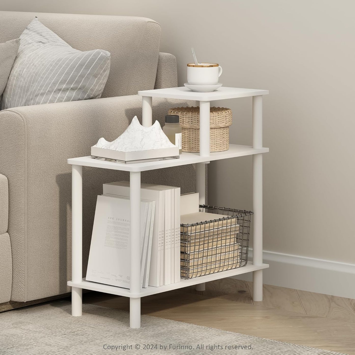 Furinno Turn-N-Tube Side Table, 3-Tier Rectangle Sofa End Table with Open Shelf, Toolless Assembly Night Stand, Bedside Table, for Living Room, Bedroom, White