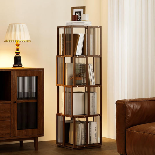 BAMEOS Rotating Bookshelf Tower 4 Tier, 360 Spinning Bookcase with Solid Wood Frame & Bamboo Finish, 4-Component Easy Assembly Corner Book Shelf for Small Spaces, Office, Bedroom, Living Room