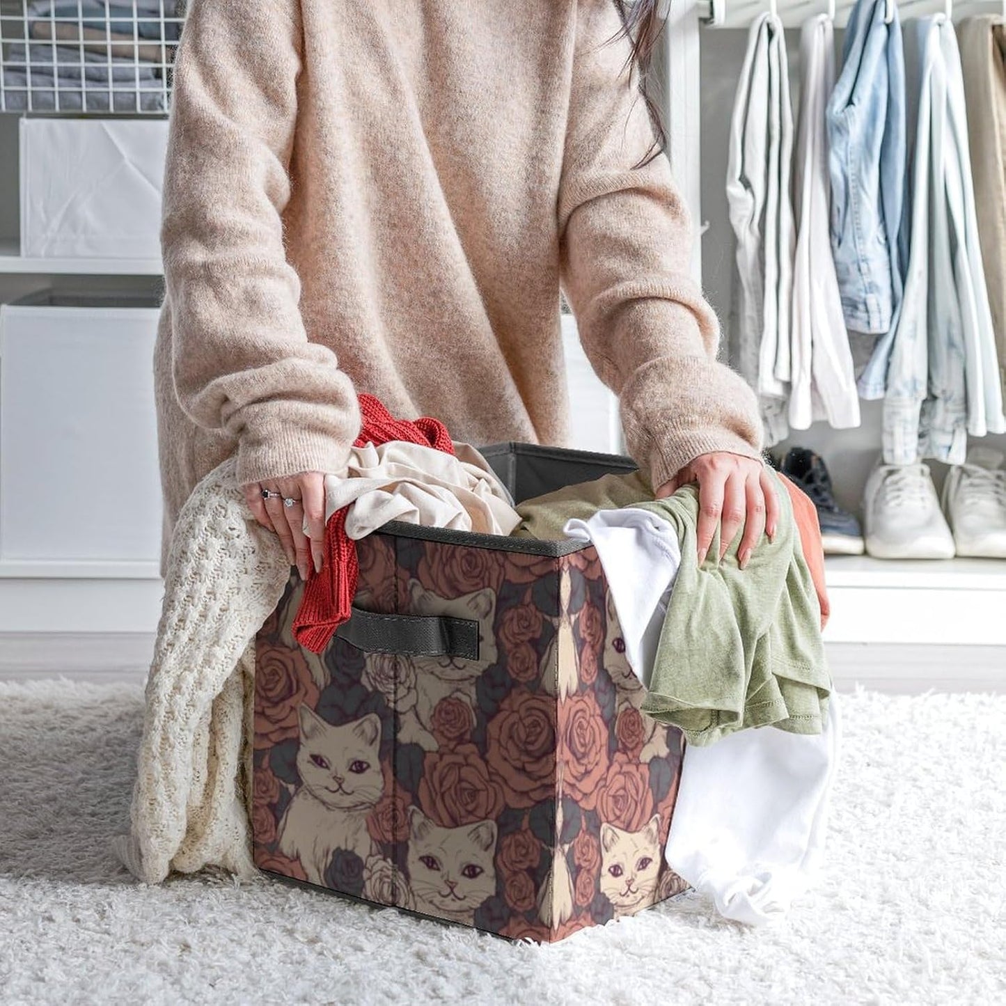 Rose Cat Storage Bins with Handles Fashion Large Storage Cubes Sturdy Foldable Storage Boxes Space-Saving Storage Baskets for Home Office Clothes Closet Organizers