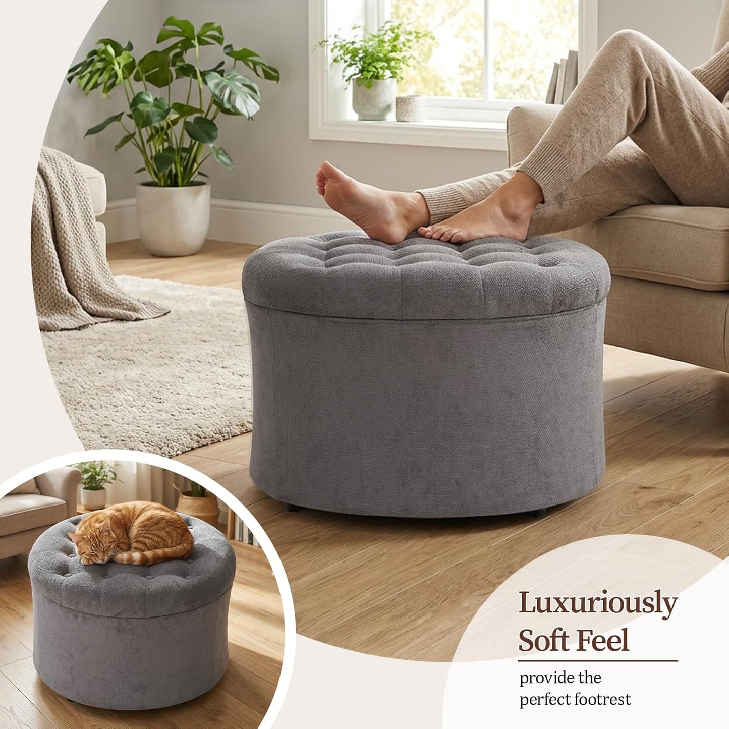 ONBRILL 25" Ottoman with Storage, Round Pouf Ottoman Foot Rest, Small Storage Foot Stool for Couch Bedroom Living Room, Books, Blankets & Kid's Toy Box, Load up to 220 lbs, Grey