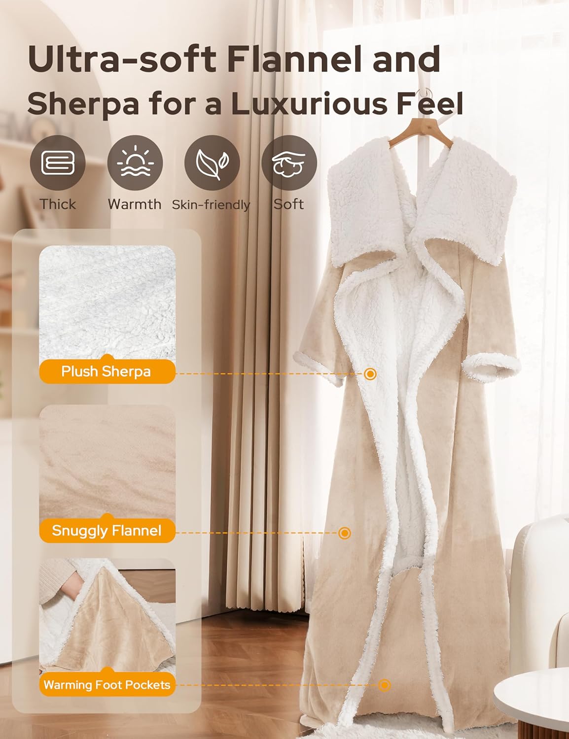 NIORSUN Heated Blanket Throw with Foot Pocket, Wearable Electric Blanket with 9 Heating Levels & 10 Time Settings, Ultra-Soft Flannel & Sherpa, Cozy Gift for Family and Friends, 50 * 70", Beige