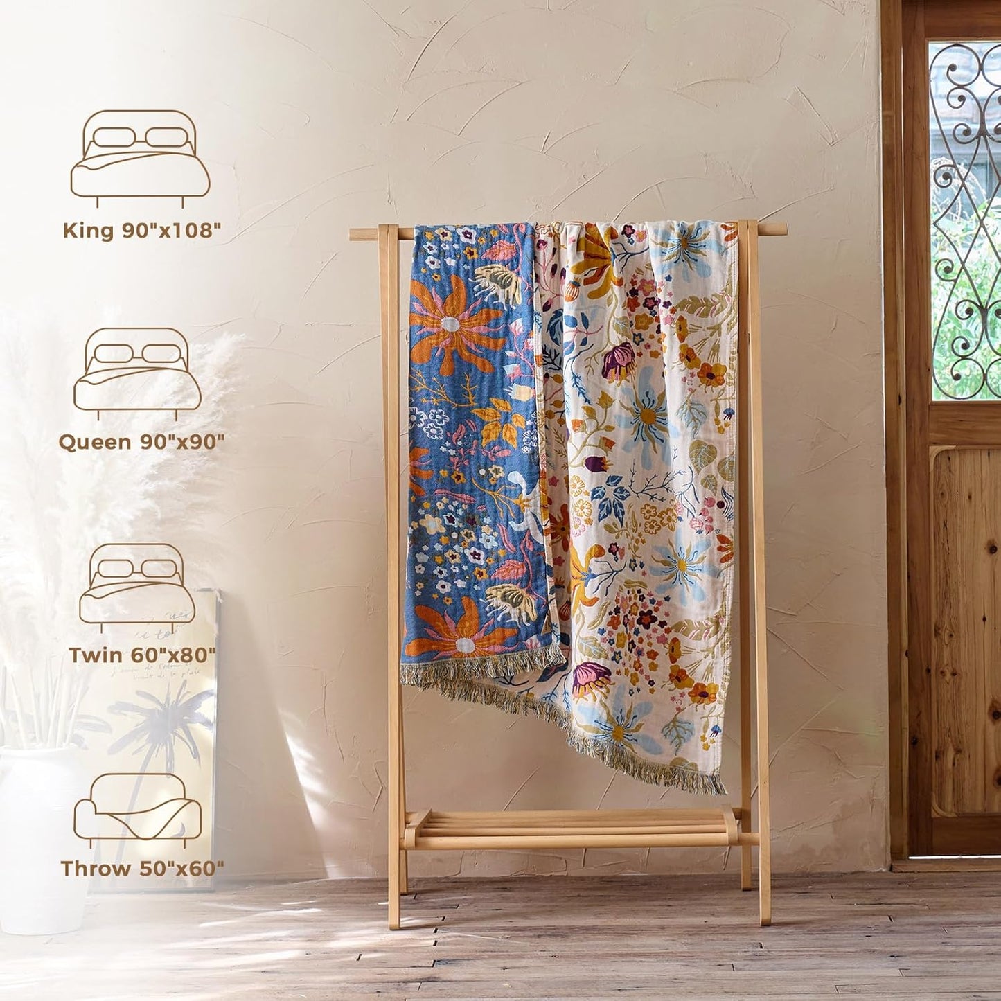 Boho Throw Blanket with Florals & Leaves Embroidery Reversible Lightweight Spring Cotton Gauze Throws for Couch,Bed,Sofa & Chair Decor - Bohemian Living Room Accent Gift 50"x60"