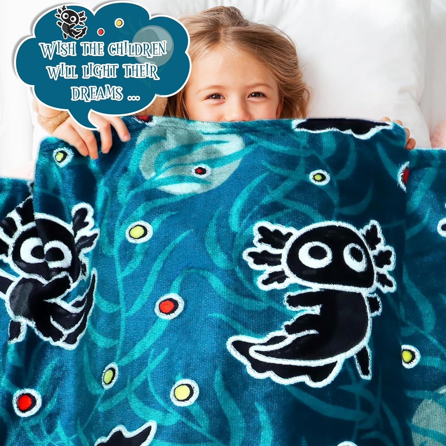 BORORO Twin Size Blanket for Bed Couch - Black Axolotl Blanket Gifts for Boys Girls Women, Blue Soft Salamander Twin Fleece Bedding Throws for Bedroom Decor 60x80 inches