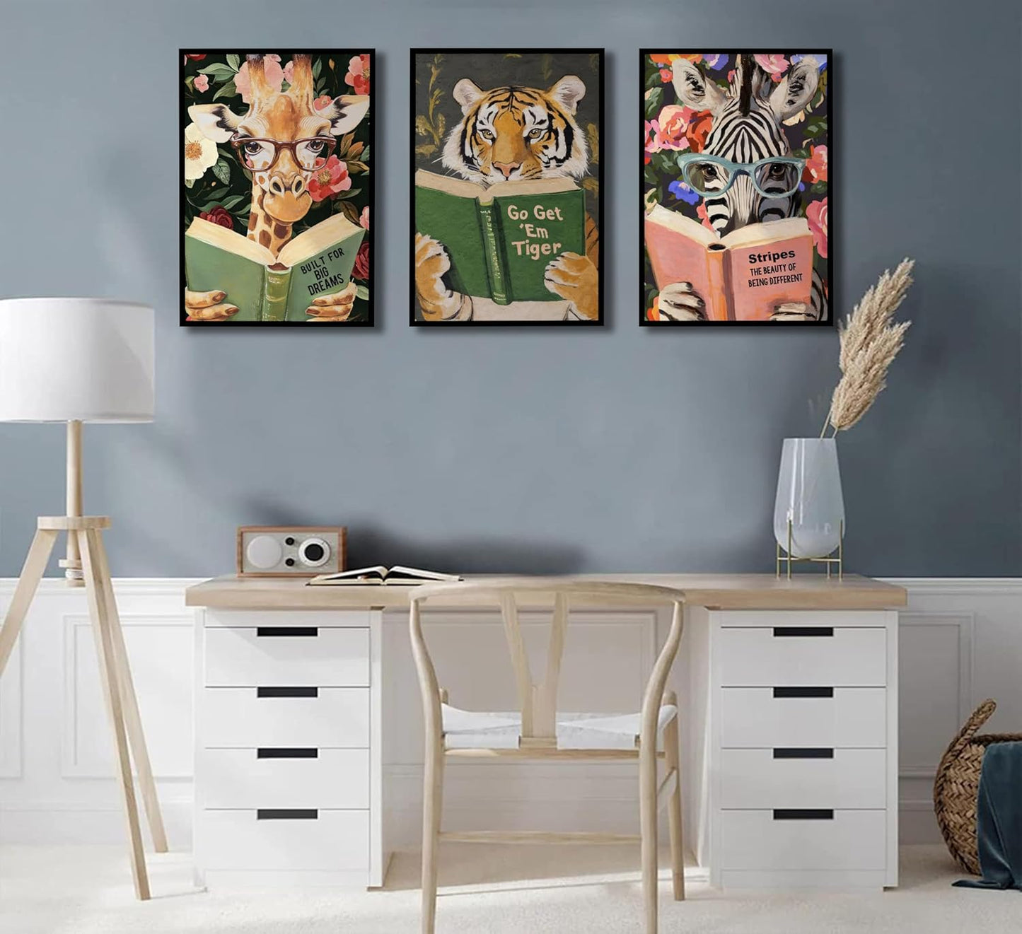 Funny Whimsical Animal Wall Art Motivational Tiger Giraffe and Zebra Reading Book Pictures Nursery Decor Humorous Bookworm Posters Literary Animal Print Artwork for Library Office Study, Unframed