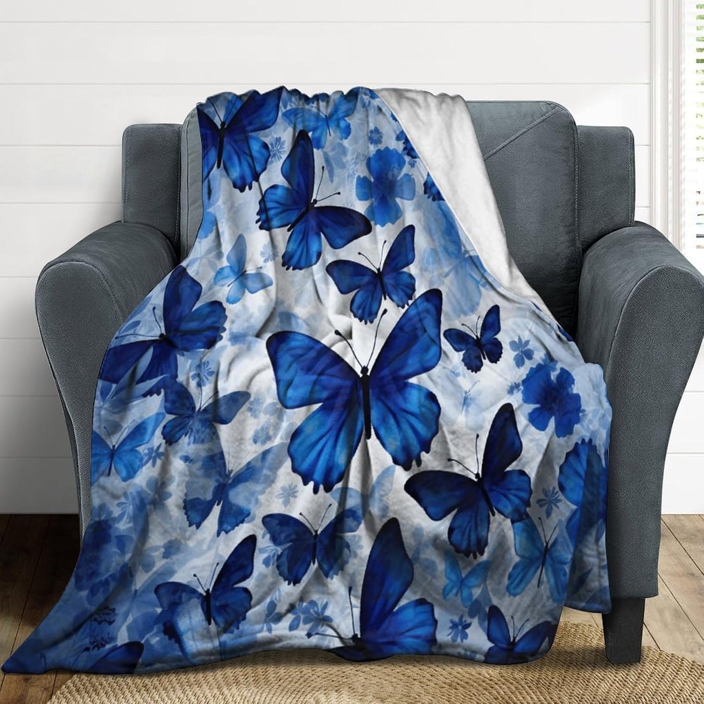 Blue Butterflies Blanket Chunky Fluffy Fuzzy Bed Blankets Cozy Soft Warm Winter Blankets Anti-Pilling Flannel Throw Blanket for Couch Living Room Bedroom Multiple Size