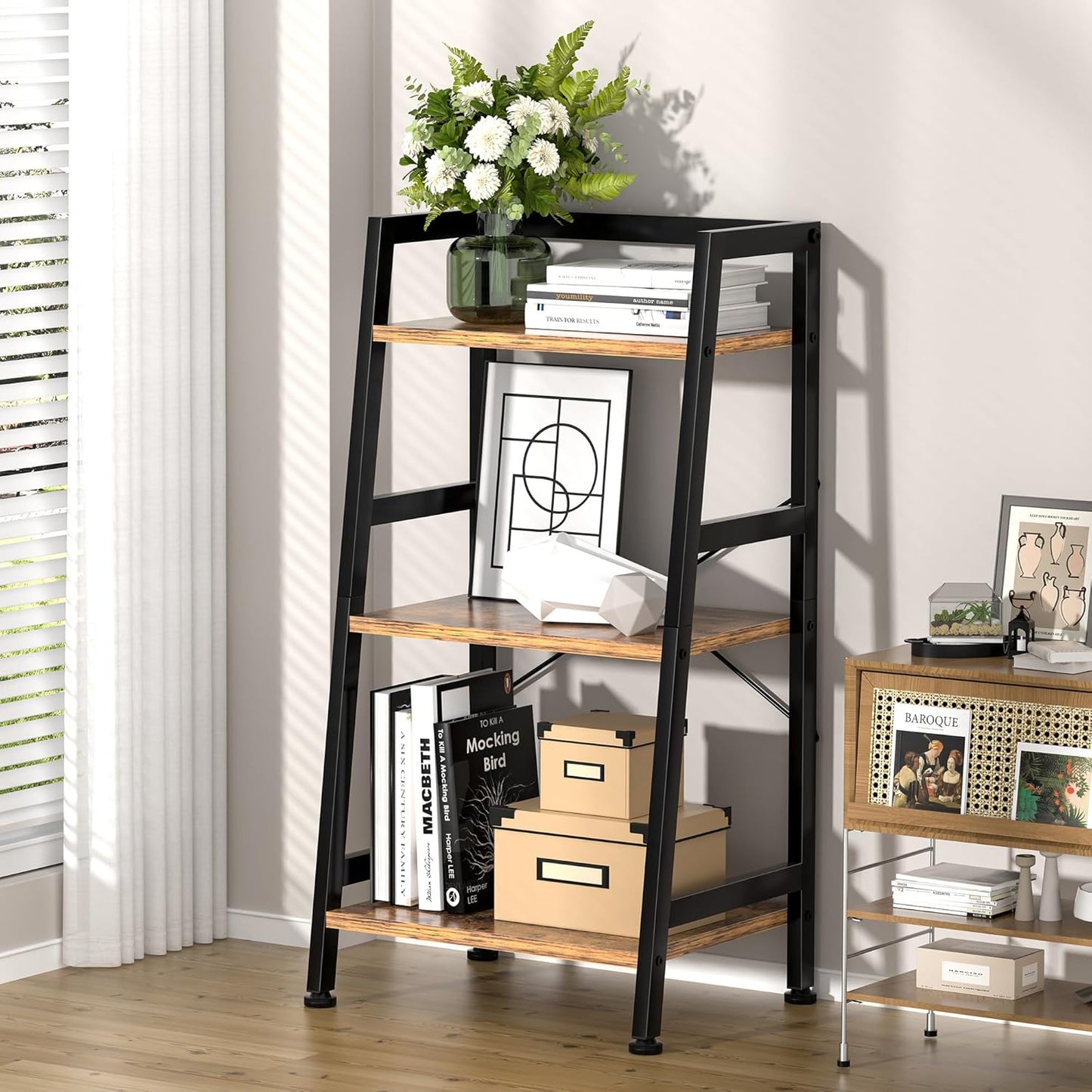 3-Tier Bookshelf, Ladder Shelf, Industrial Bookcase with Steel Frame, Metal Small Bookcase, stand up shelves for Living Room, Home Office, Kitchen, Bedroom, Industrial Style（Rustic Brown & Black）