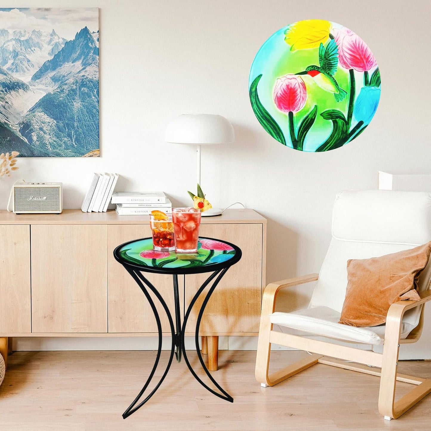 J-Fly 12 Inch Outdoor Side Table, Round Patio Accent Indoor End Table with Glass Top & Metal Base for Living Room, Office, Balcony, Tulip Hummingbird Indoor Furniture Christmas Decor(20" Height)