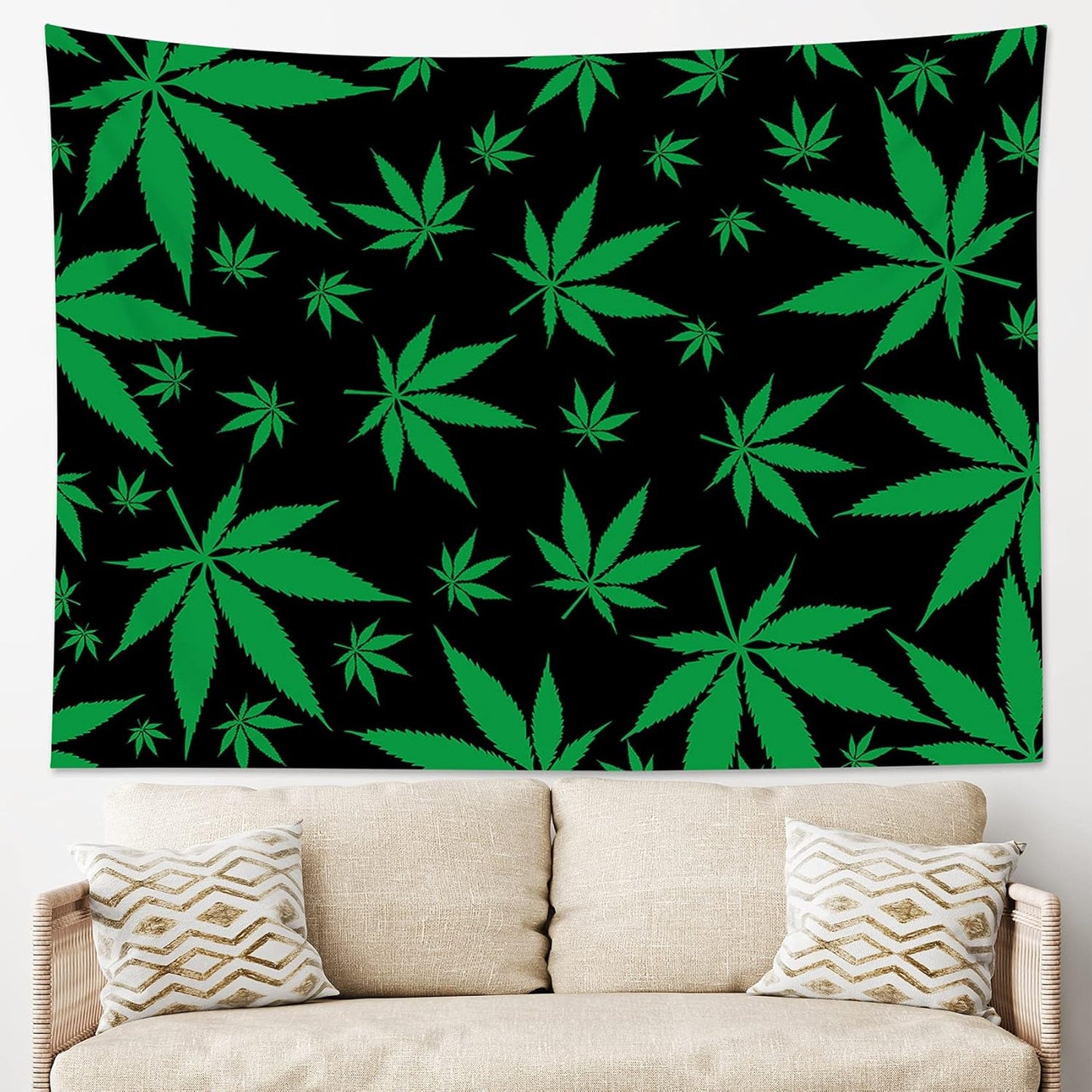 LB Marijuana Weed Leaf Tapestry Wall Hanging Cannabis Leaves Wall Tapestry for Bedroom Aesthetic Green Leaves on Black Wall Art for Living Room College Dorm Decor,60Wx40H inch