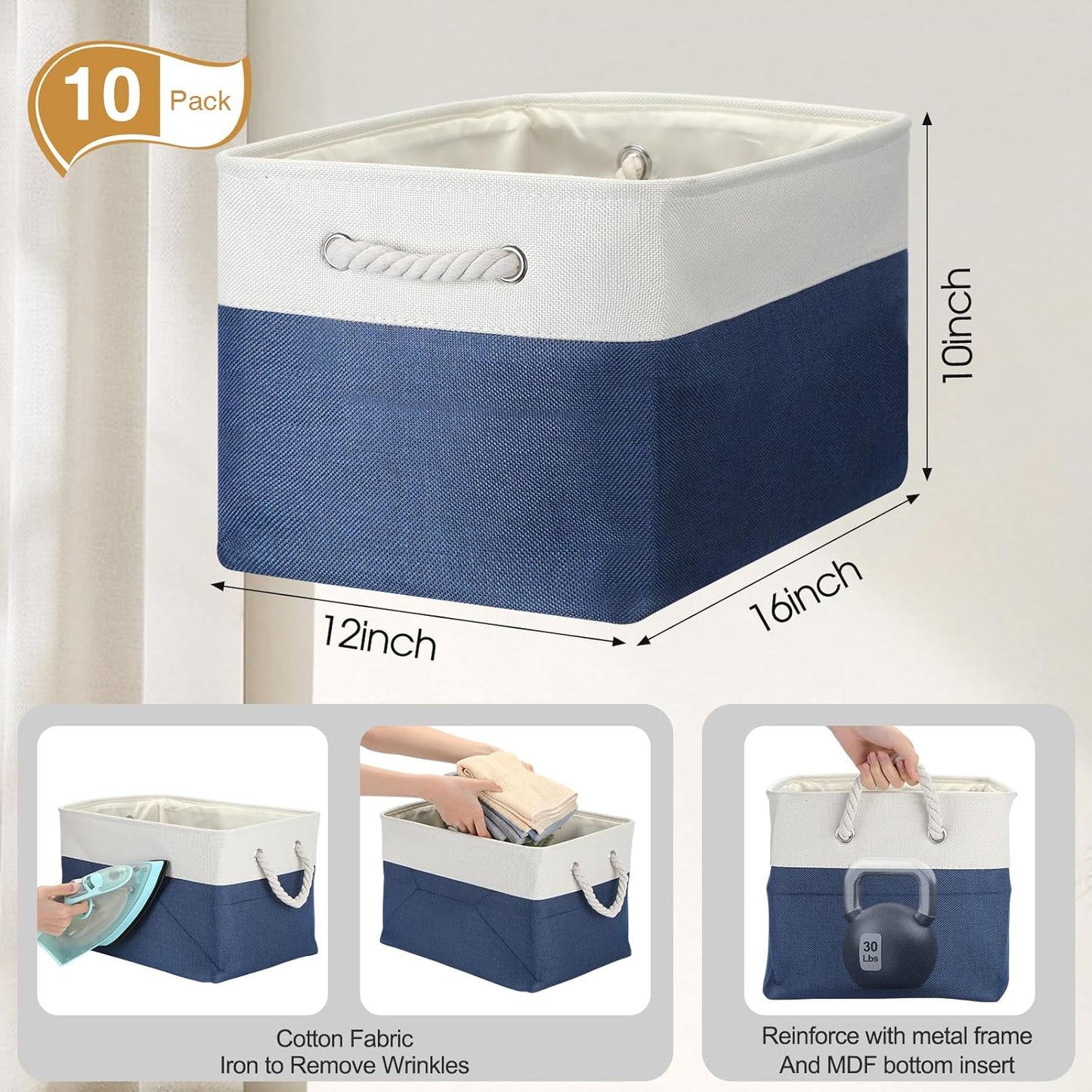 10 Pack Large Collapsible Fabric Storage Baskets with Handles Decorative Storage Bins for Organizing Shelves Toys Clothes(White & Dark Blue,16 x 12 x 10 Inches)