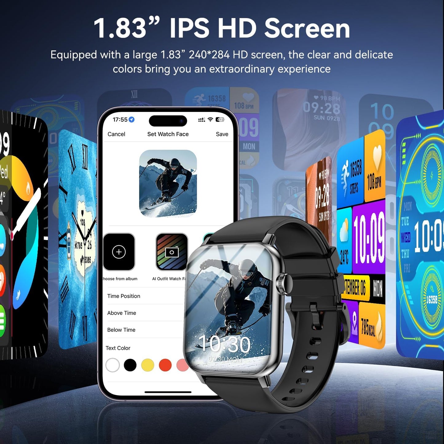 Smart Watches for Men Women, 1.83" HD Touchscreen with Bluetooth Calling, IP68 Waterproof Fitness Tracker, 120+ Sport Modes, 24/7 Heart Rate & Sleep Monitor, Compatible with iPhone Android (Black)