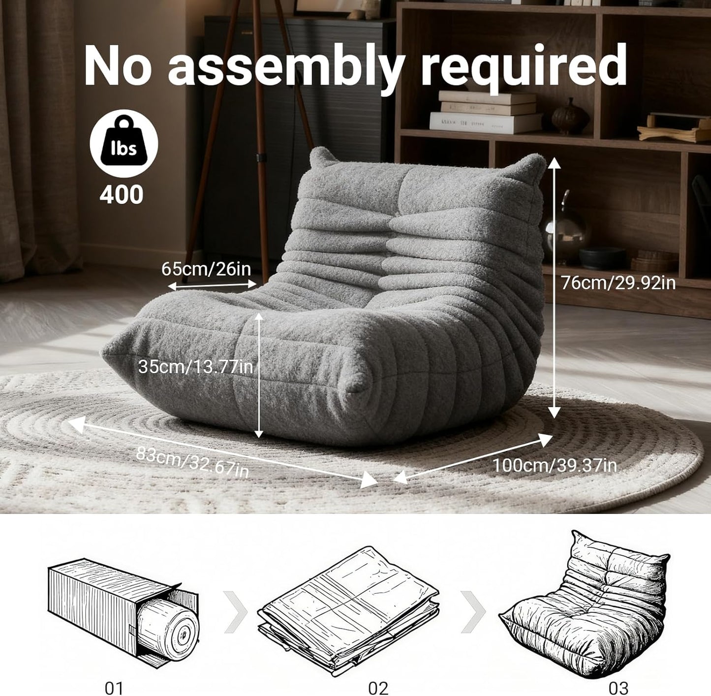 Gaming Bean Bag Chairs for Adults, Fireside Chair for Living Room with Memory Foam Filled, Accent Sofa Lounge Floor Sofa for Reading Dormitory Relax, No Assembly Required Gray